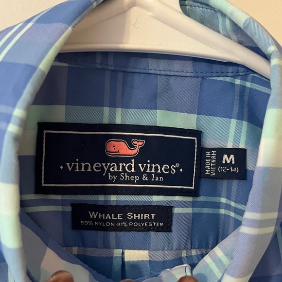 Vineyard Vines Boys Medium 12-14 Blue Plaid Whale Shirt Long Sleeve ButtonUp - Picture 4 of 5